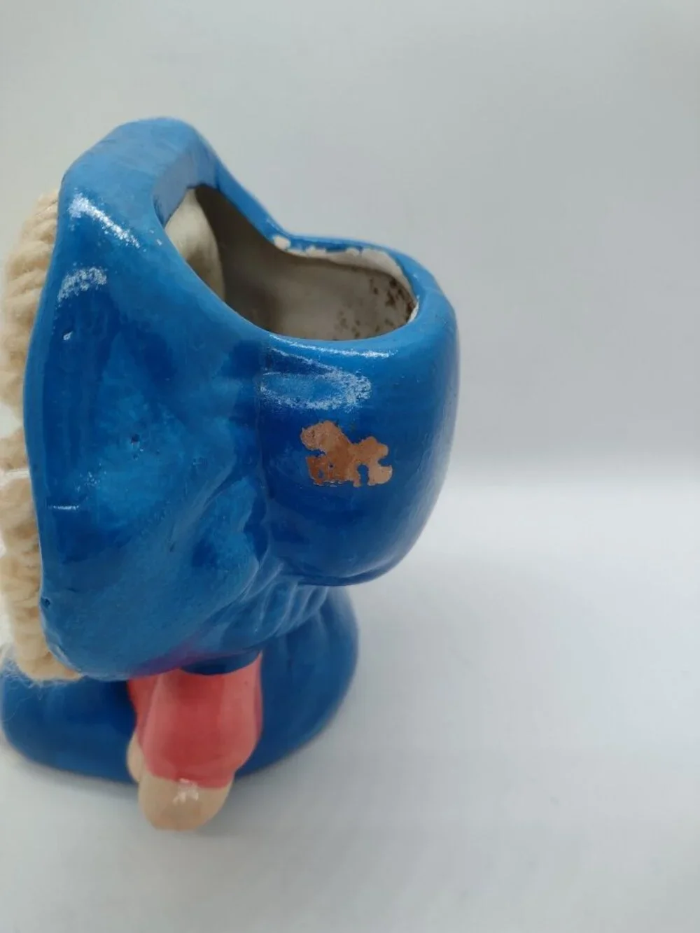 Vintage My Neil Chalkware Girl Planter Yarn Hair Kitsch Handpainted Blue READ